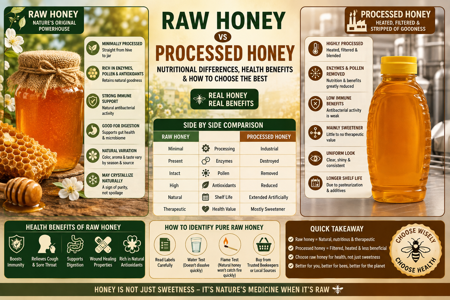 Raw Honey vs Processed Honey: A visual comparison of nutrition, enzymes, pollen, antioxidants, health benefits, processing methods, purity checks, safety considerations, and practical tips for choosing better quality honey.