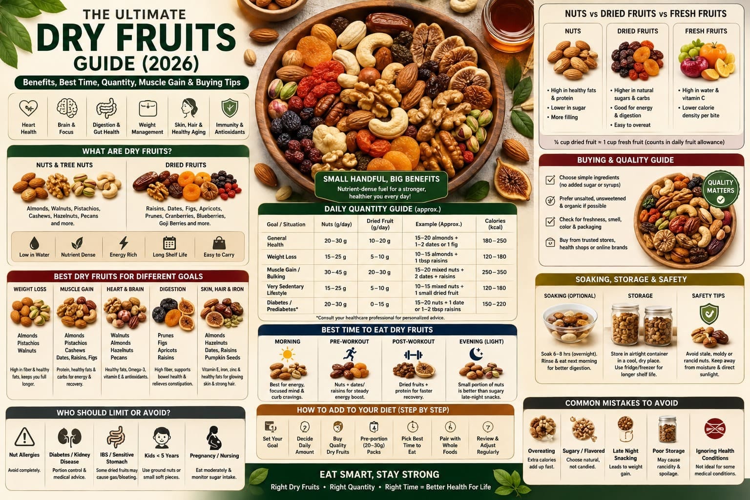 The Ultimate Dry Fruits Guide (2026): A complete visual guide to nuts and dried fruits, covering health benefits, daily portion sizes, best eating times, weight loss, muscle gain, buying tips, storage, and safety considerations.