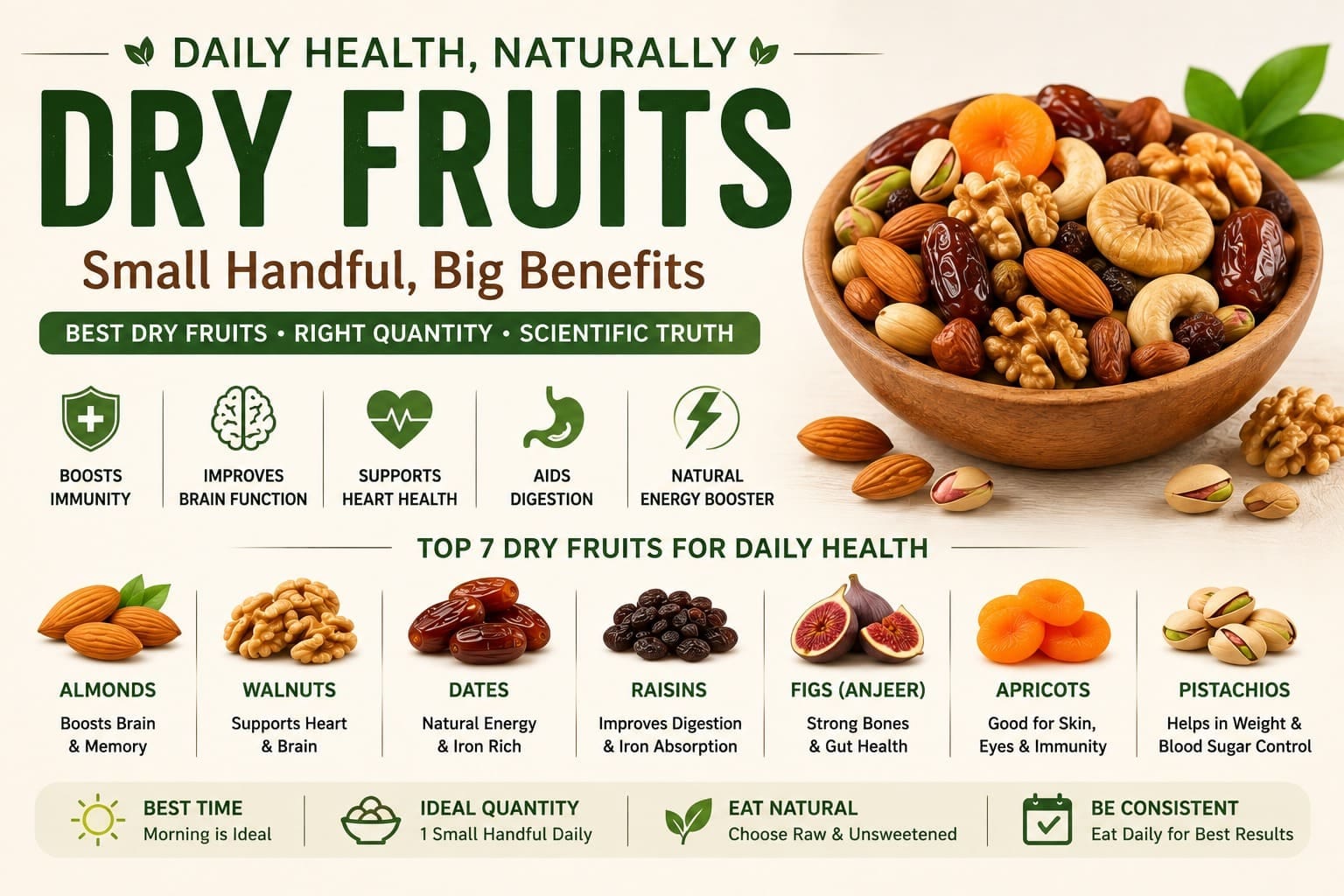 Dry Fruits Benefits for Daily Health (2026): A simple visual guide highlighting the top seven dry fruits almonds, walnuts, dates, raisins, figs, apricots, and pistachios along with their key health benefits ideal quantity best time to eat and practical daily use tips.