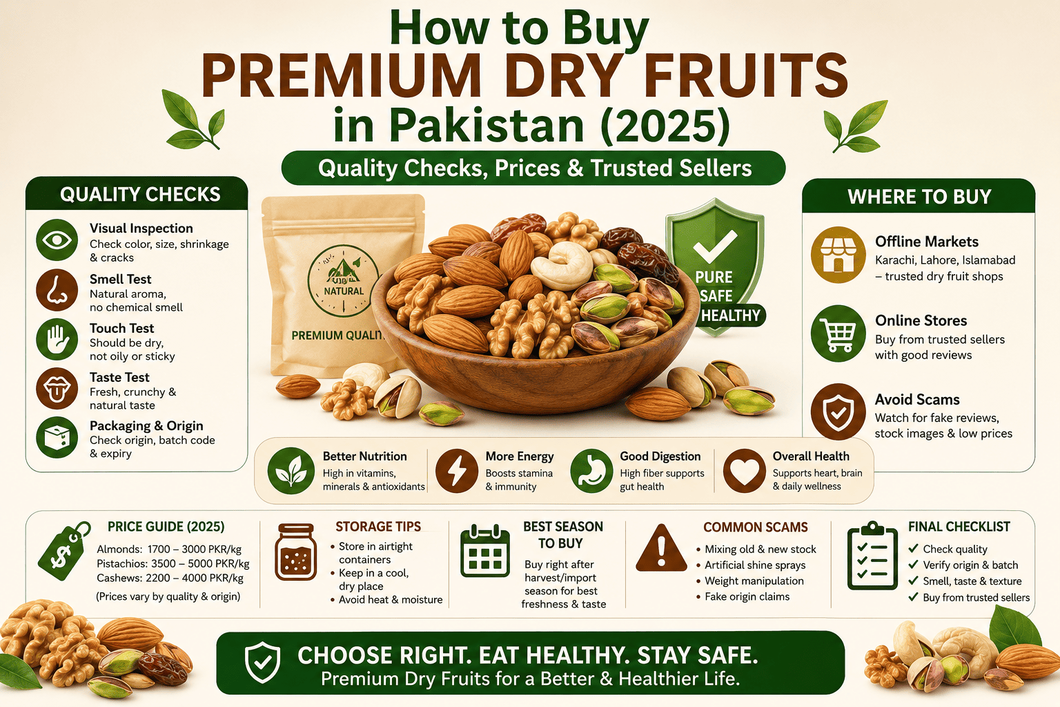 Learn how to choose premium dry fruits in Pakistan   check quality, freshness & authenticity before you buy! Choose wisely, buy from trusted sellers & enjoy pure, healthy dry fruits.