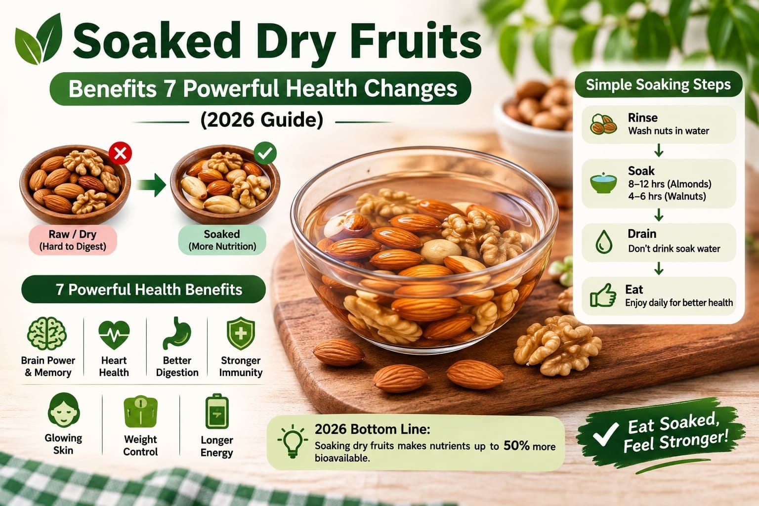 Soaked Dry Fruits Benefits (2026): A simple guide showing how soaking almonds, walnuts, and other dry fruits may support digestion, heart health, brain function, skin health, immunity, weight management, and energy.