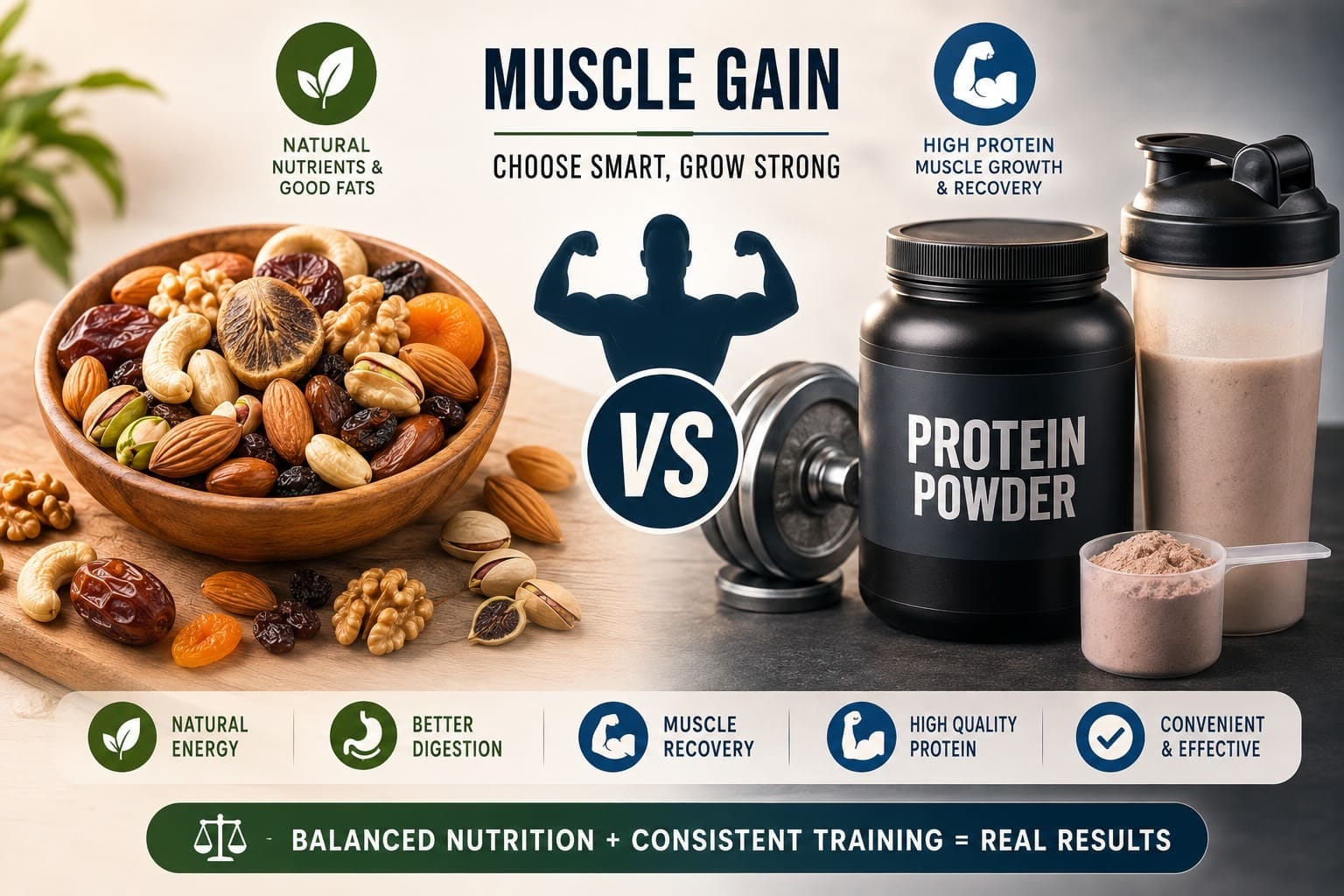 Dry Fruits vs Protein Powder for Muscle Gain: Comparing Natural Nutrients, Protein, Energy, Digestion, and Muscle Recovery.