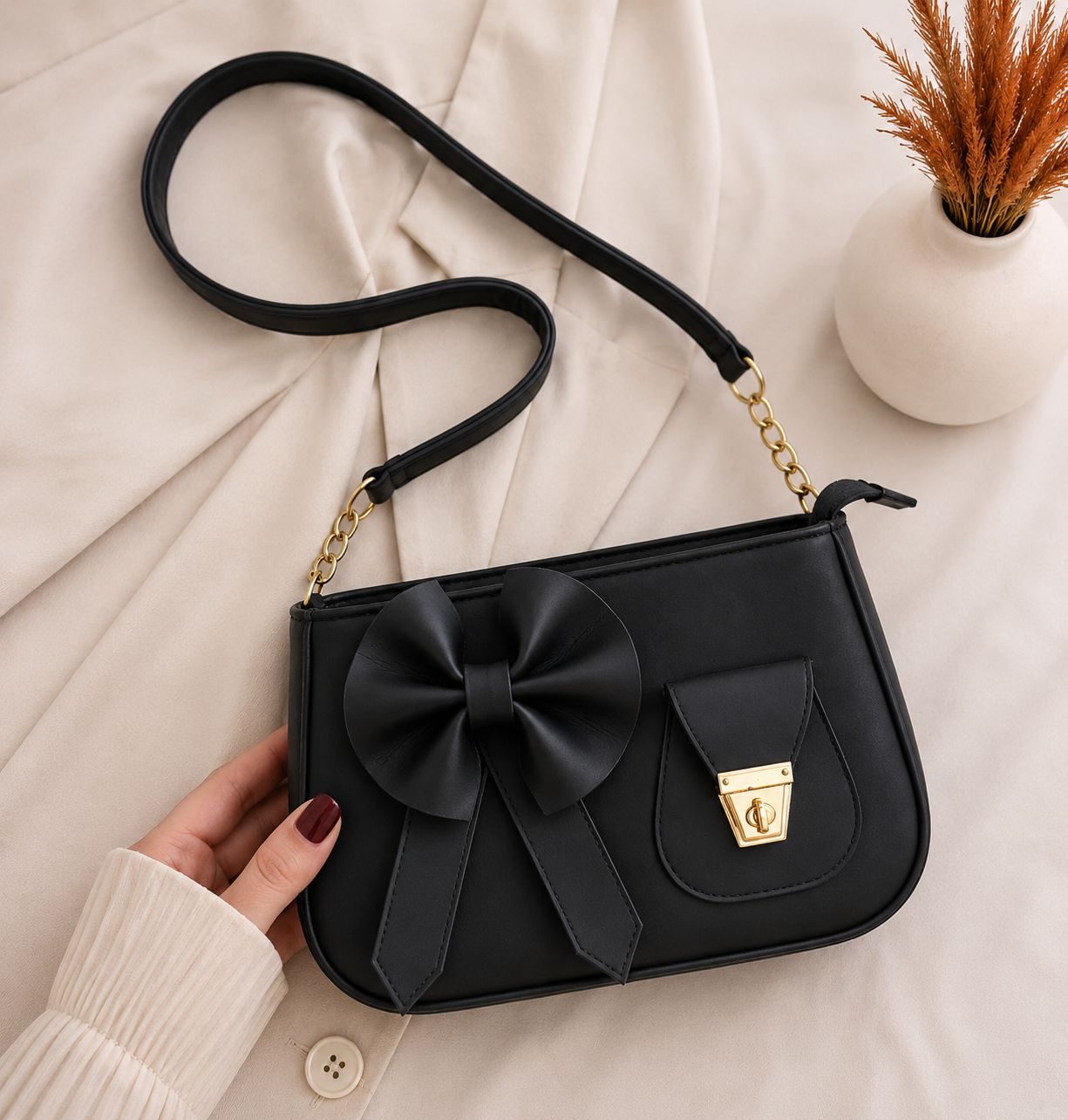 Bella Bow Shoulder Bag  Fashion Mini Handbag with Decorative Bow Design  Black
