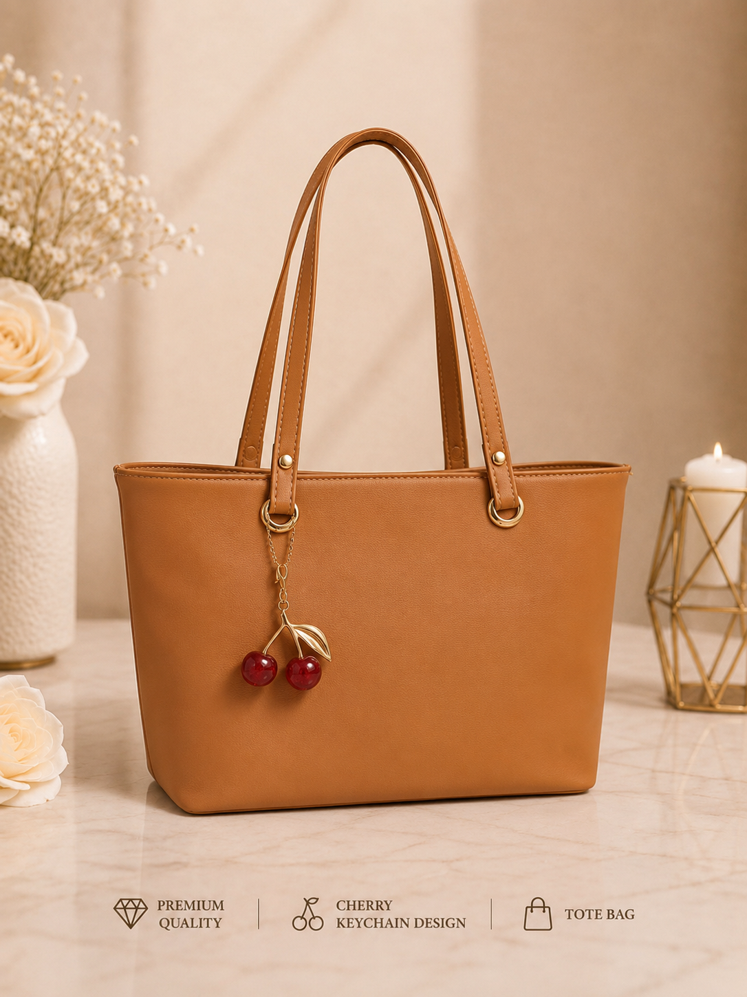Cherry Charm Women's Tote Bag with Dual Zip Compartments Back Pocket & Inner Pocket Black