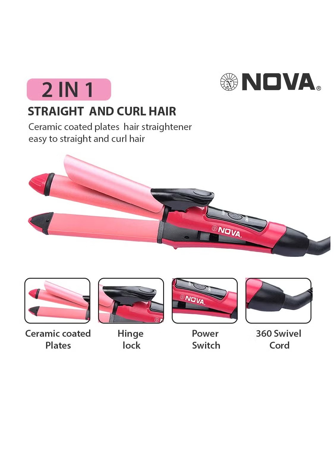 Nova 2-in-1 Hair Straightener & Curler  NHC-2009 | Ceramic Plate Styling Tool for Silky Straight Hair & Bouncy Curls