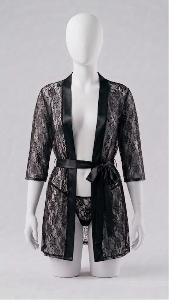 Lace Robe With Matching Panty Set For Nightwear Featuring Lace And Satin Material - Black