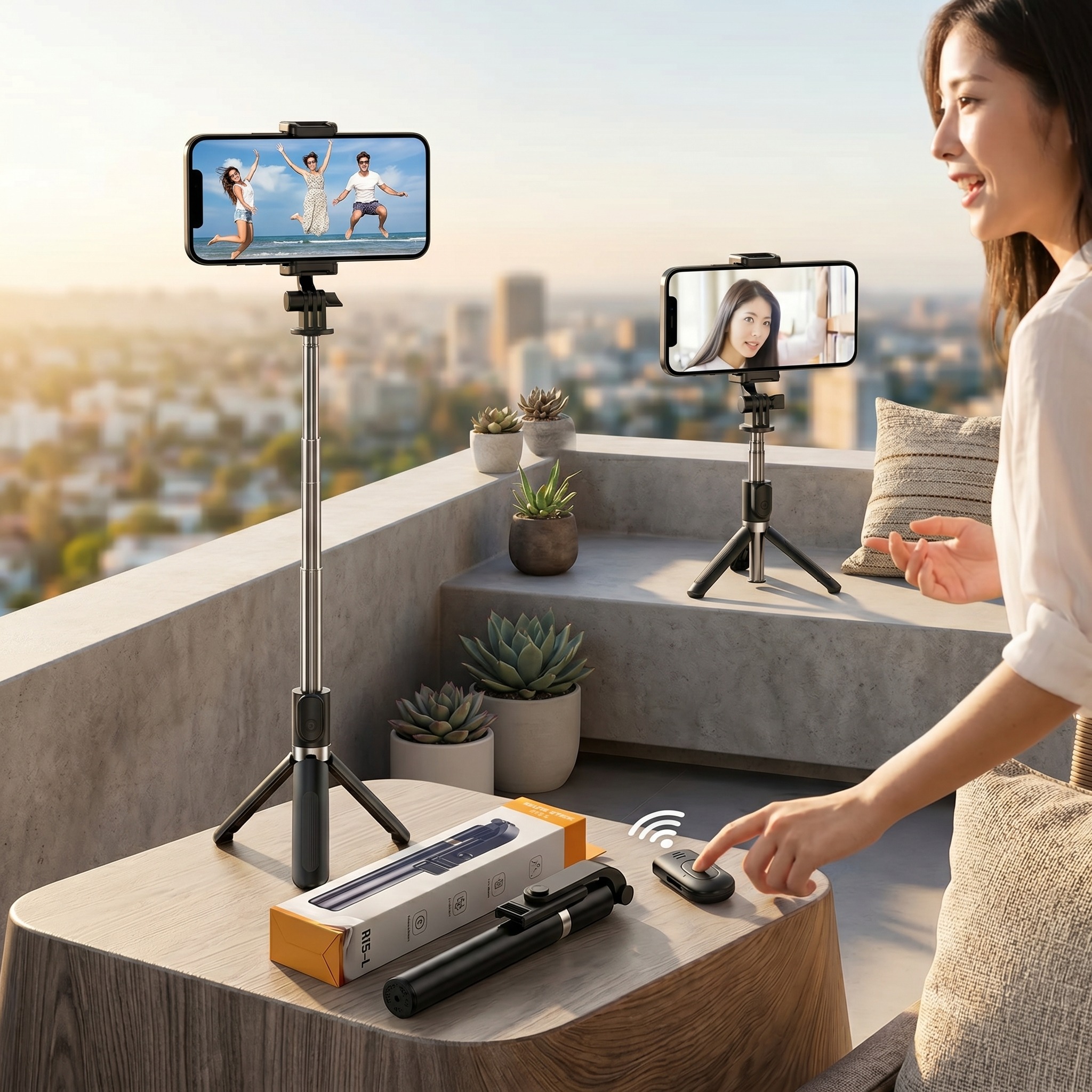 4 In 1 R1SL Selfie Stick Featuring A Bluetooth Remote, Tripod Stand, Light And Retractable Mobile Holder  With Light