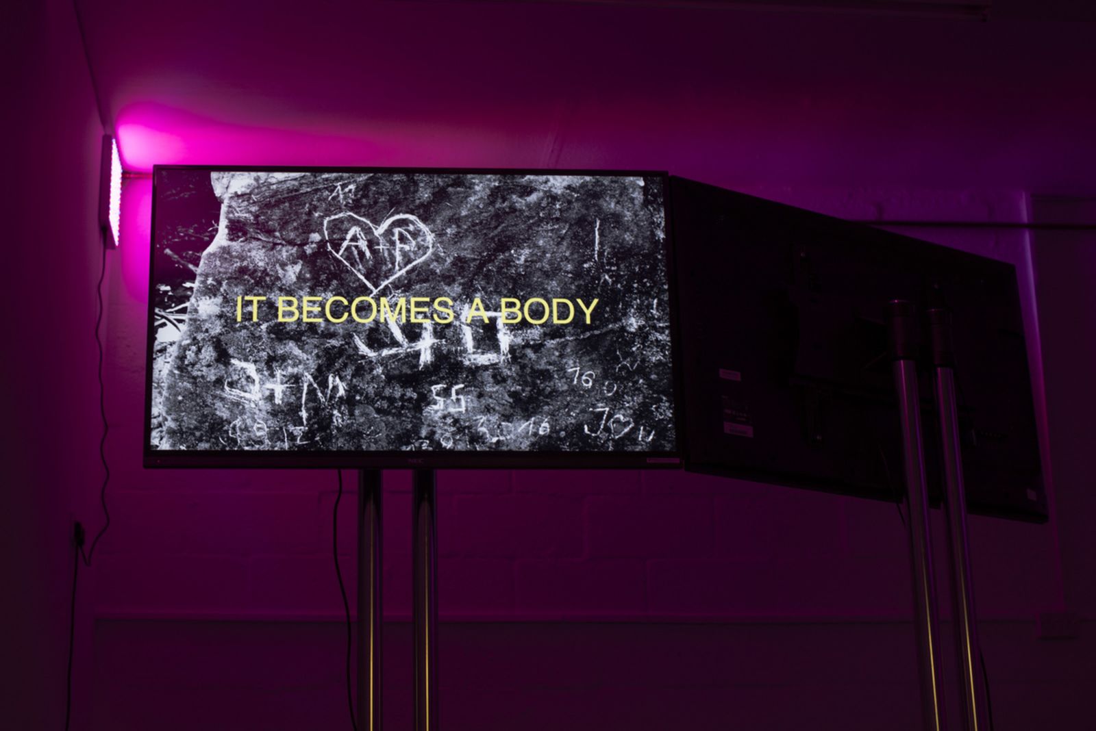 Pink light at the top of the image fills with basement space with a nice pinky glow. A tv showing the words 'It becomes a body' are shown a tv on a stand.