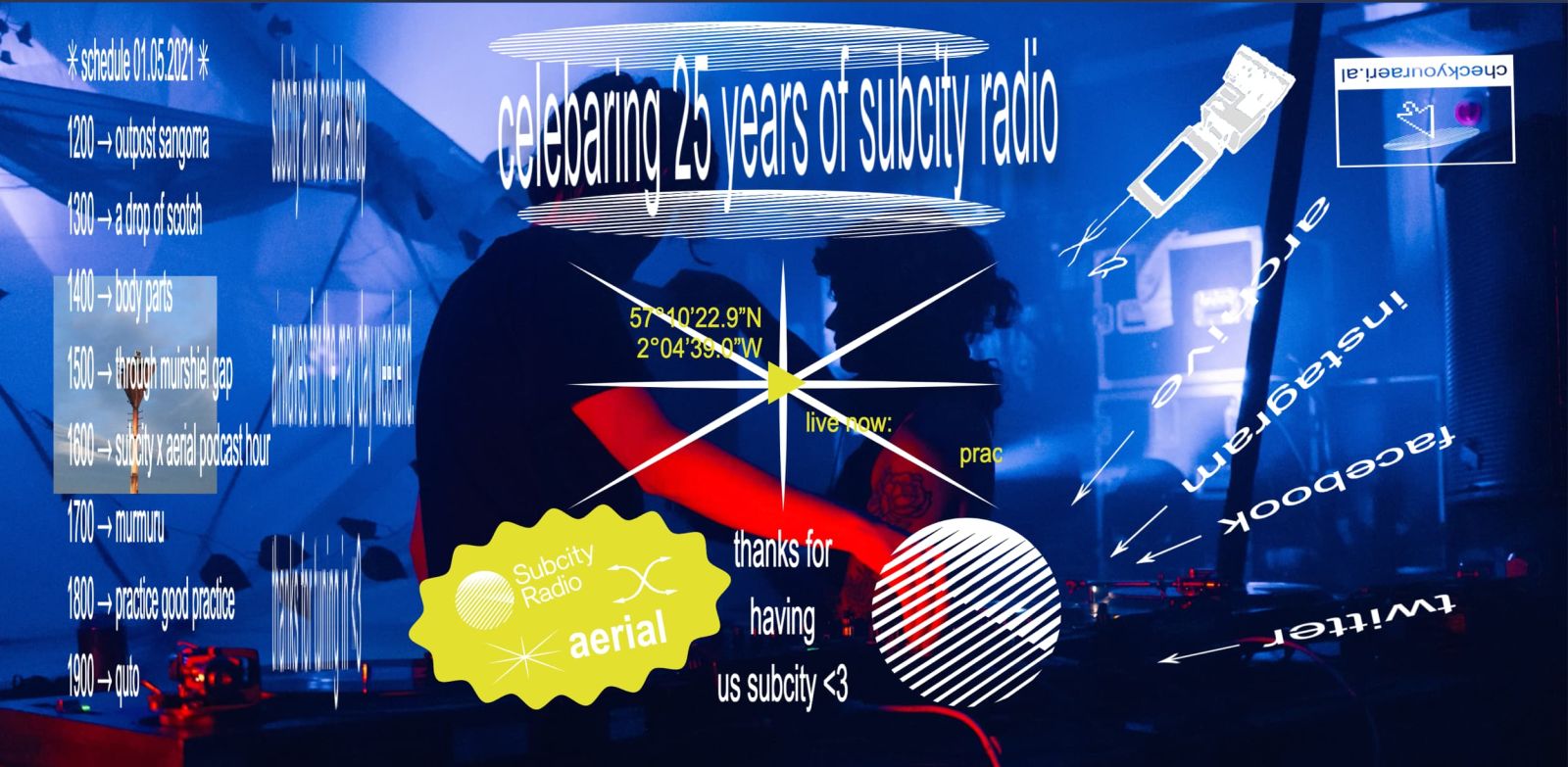 Screenshot showing aerial website for the subcity takeover, text is skewed all over the place and difficult ot read. Logos are upside down. Most prominent text reads celebrating 25 years of subcity. In the background a blue lit scene showcases 2 people djing.