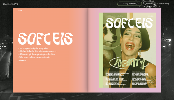 SOFT EIS homepage - a magazine folds out to show text and images in front of a webcam from central berlin