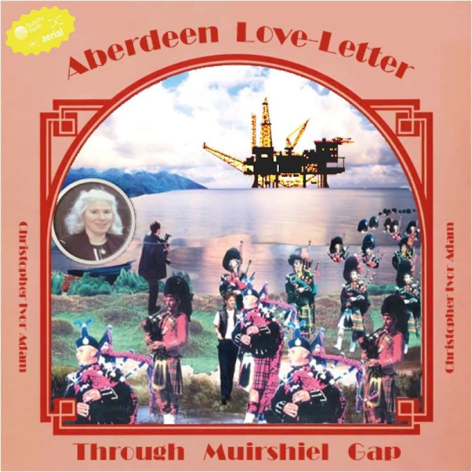 Collage of people playing bagpipes on the coast, older woman with white hair and an oil rig in the sea sitting on pink background with text aberdeen love letter through muirshield gap in red