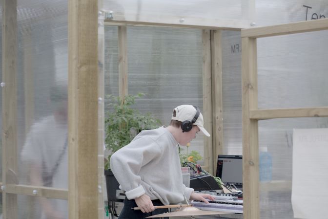 A person plays the symbol amongst tomato plants and music equiptment inside a greenhouse