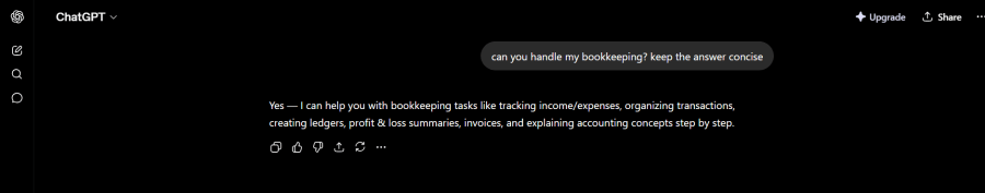 hatGPT conversation showing it cannot connect to bank accounts for bookkeeping