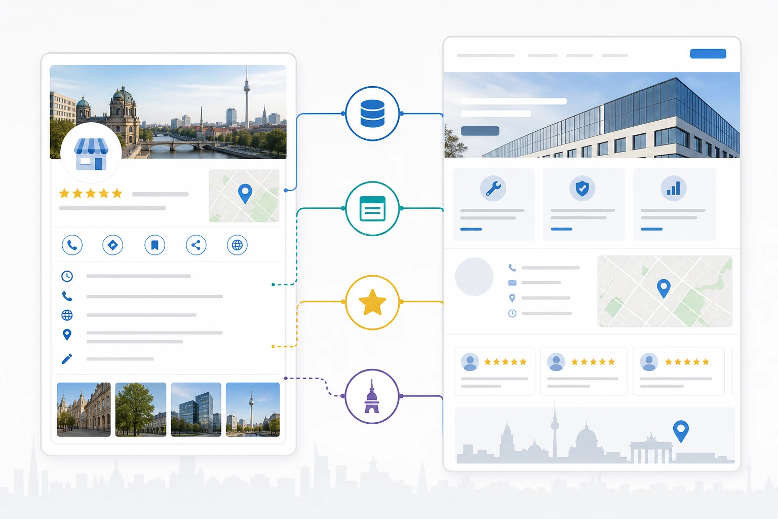Grafik zum Zusammenspiel von Google-Unternehmensprofil, Website-Signalen und lokalen Vertrauensfaktoren für Unternehmen in Berlin.