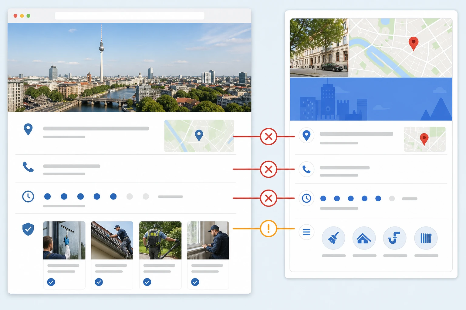 Abgleich zwischen Google-Unternehmensprofil und Website mit markierten Widersprüchen bei Unternehmensdaten