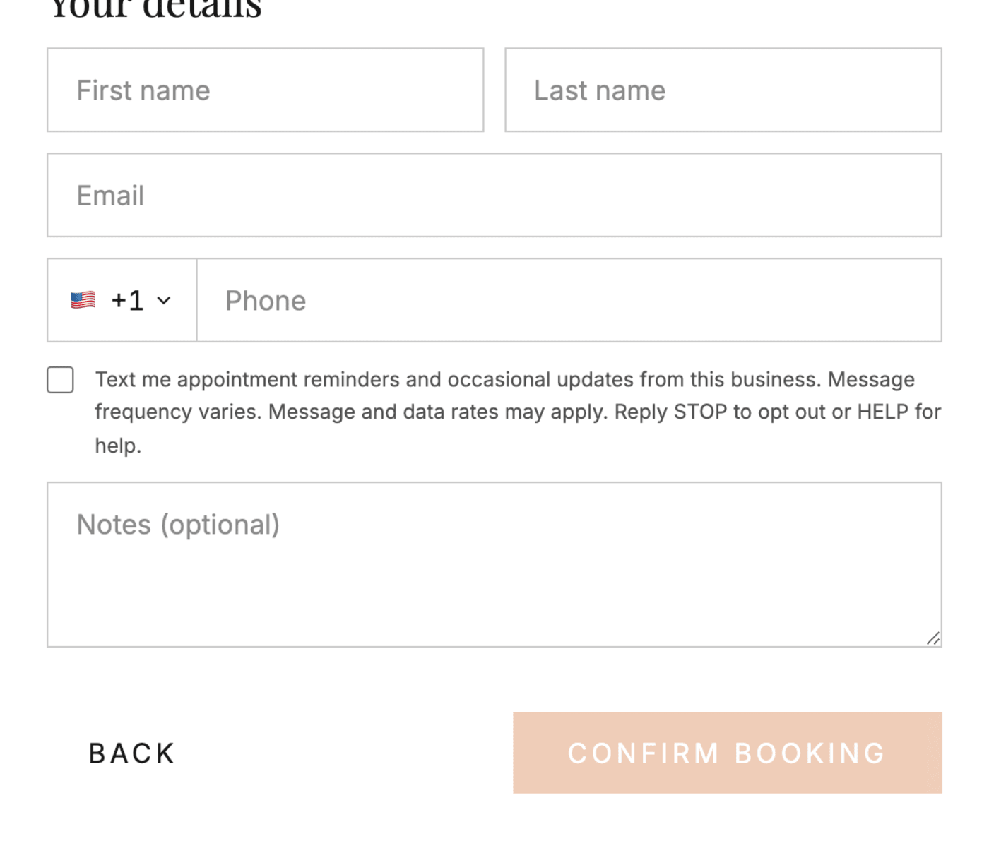 The booking form's Your details step: name, email and phone fields, and an unticked consent checkbox with the full SMS consent wording, above the Confirm booking button.