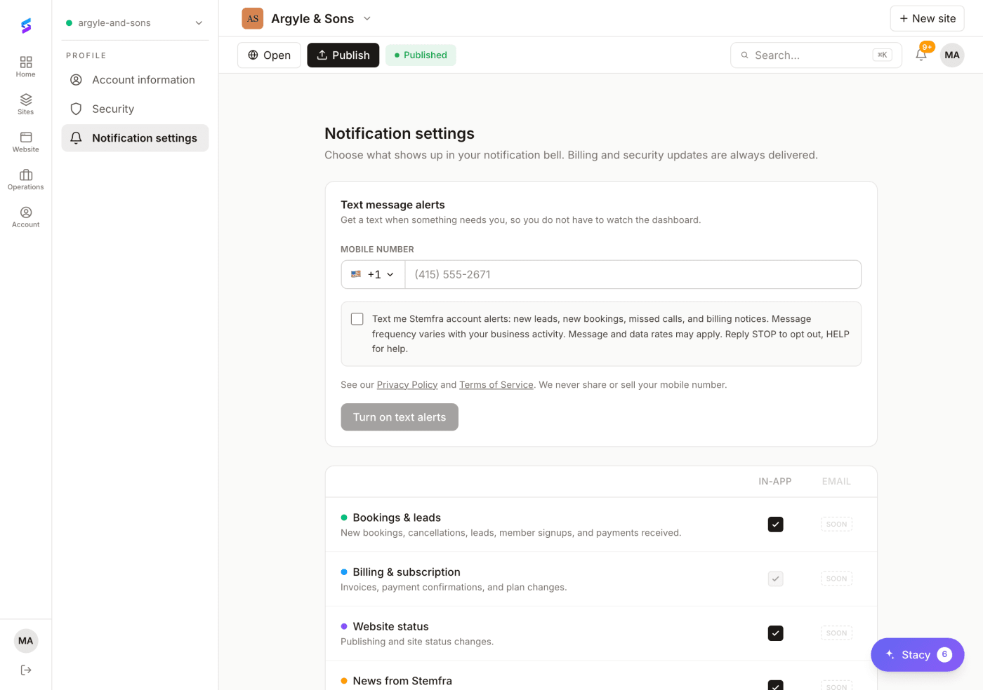 The Stemfra dashboard Notification settings page, showing the Text message alerts card above the notification preferences table.