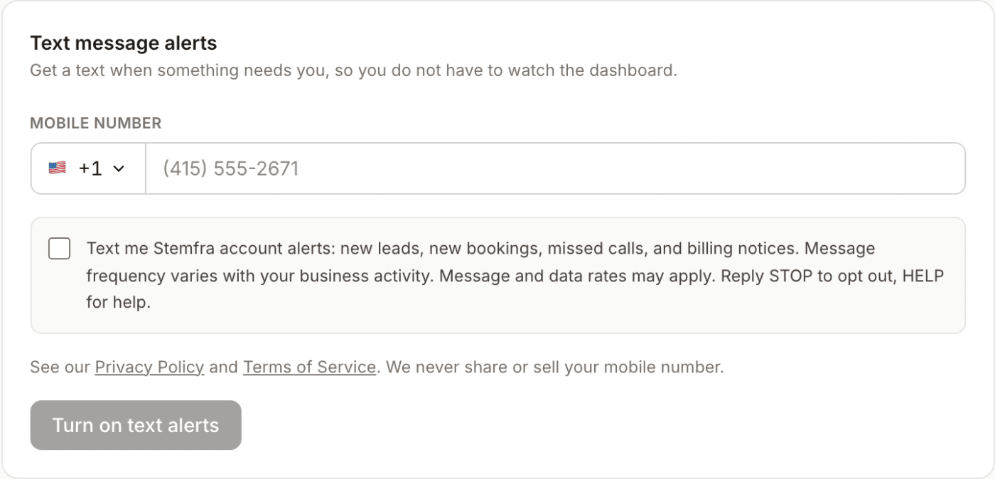 The Text message alerts card with an empty mobile number field, an unticked consent checkbox showing the full consent wording, and a disabled "Turn on text alerts" button.