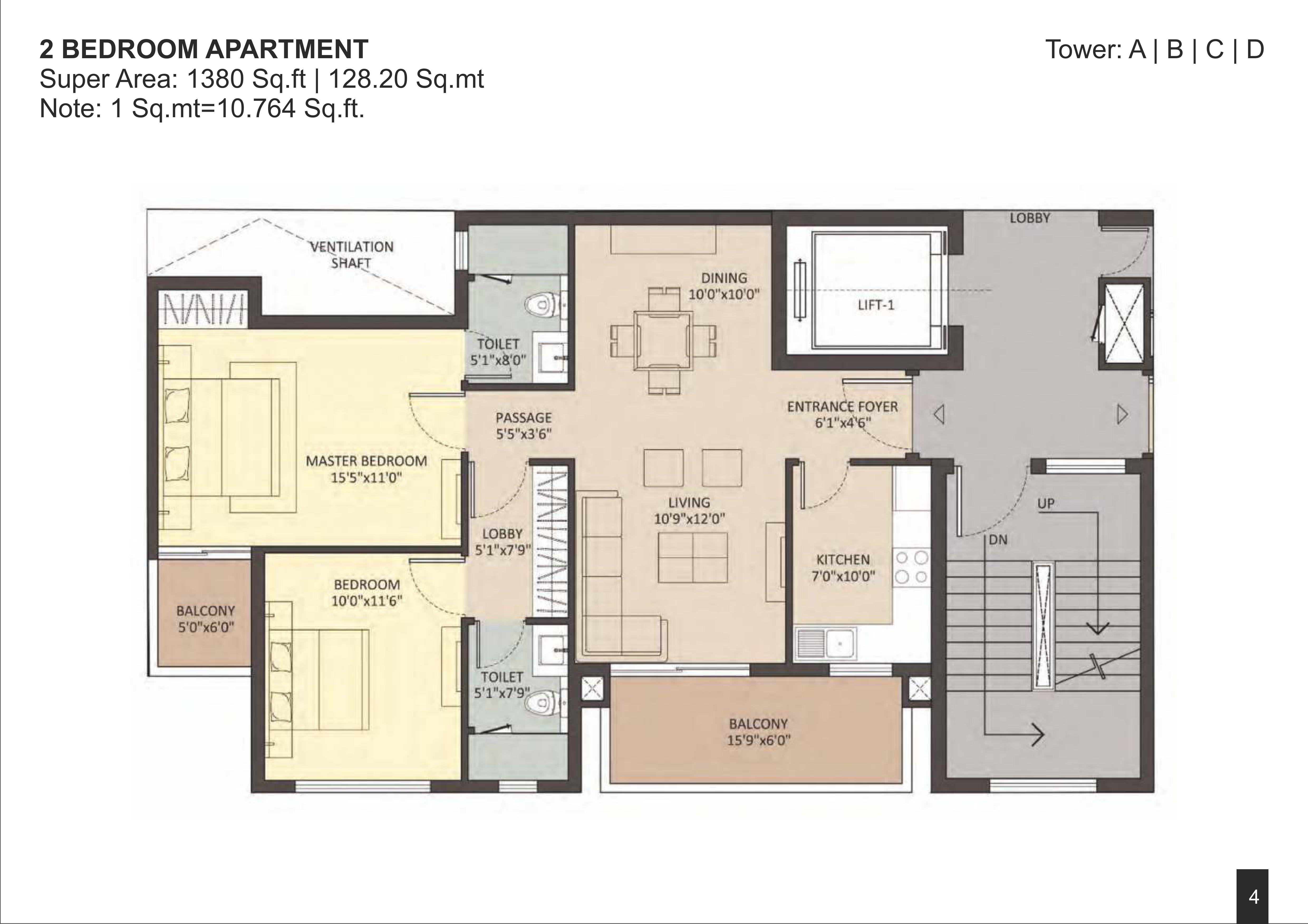 Floor Plan - 3 BHK + 2 Bath