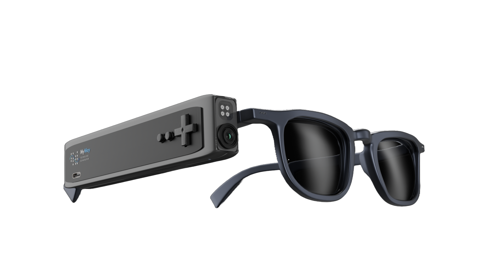 MyWay device attached to glasses, showcasing the hands-free wearable navigation technology for visually impaired users