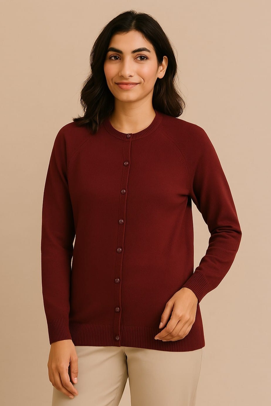 Round Neck Cardigan Plain Fully Fashioned