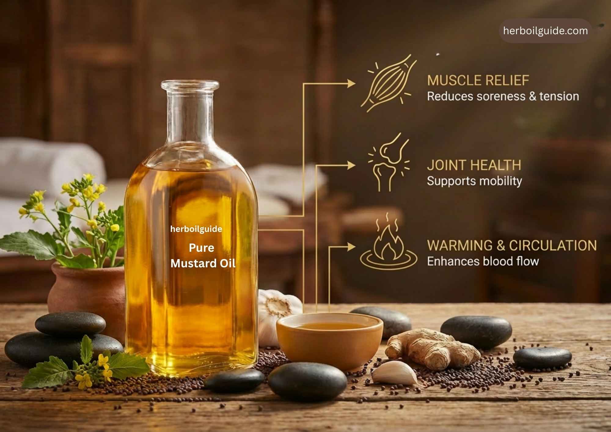 Mustard oil being massaged into knee and back for pain relief and wellness