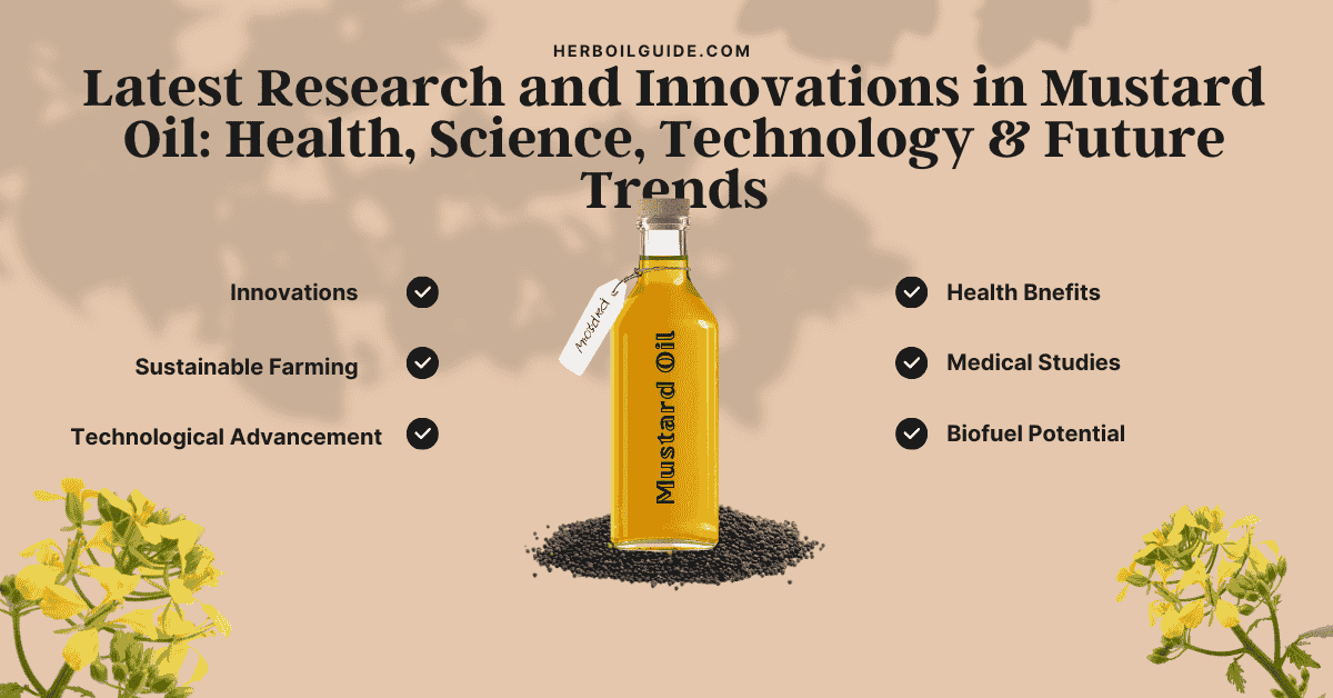 Latest research and innovations in mustard oil including health benefits, medical studies, biofuel potential, sustainable farming, and technological advancements.