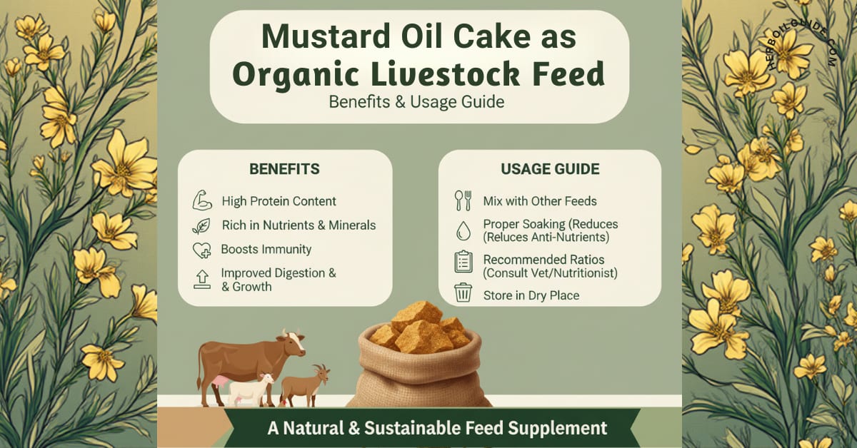 Mustard oil cake used as organic livestock feed for cattle, goats, and poultry with nutritional benefits and safe feeding practices.