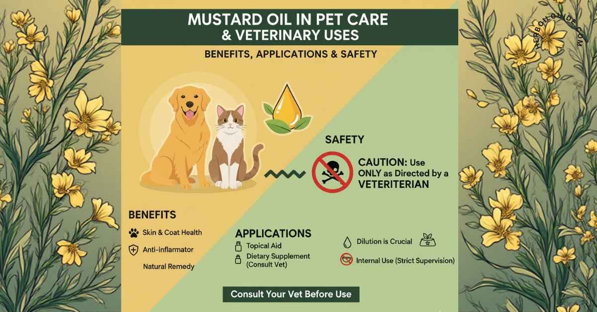 Mustard oil uses in pet care and veterinary applications, offering natural benefits for animal skin health, shiny coats, and soothing massage therapy.