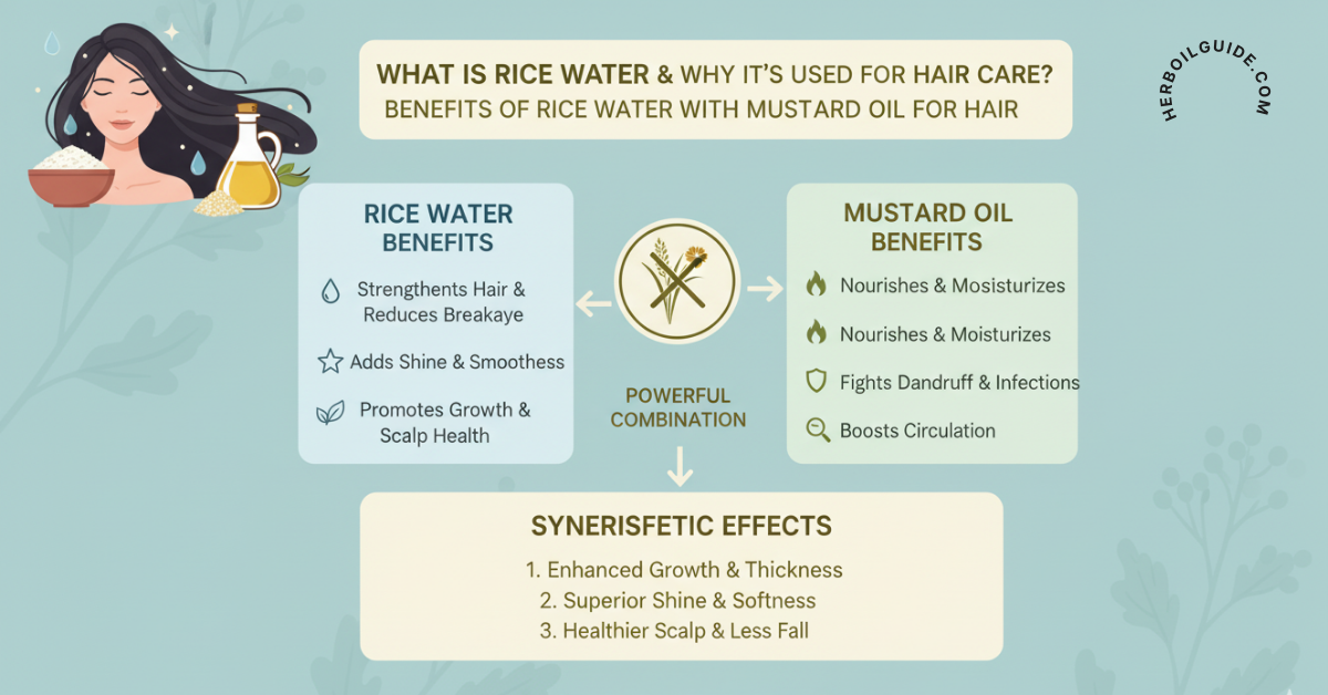 Rice water and mustard oil used together for hair care, promoting hair fall, growth, strength, and shine.