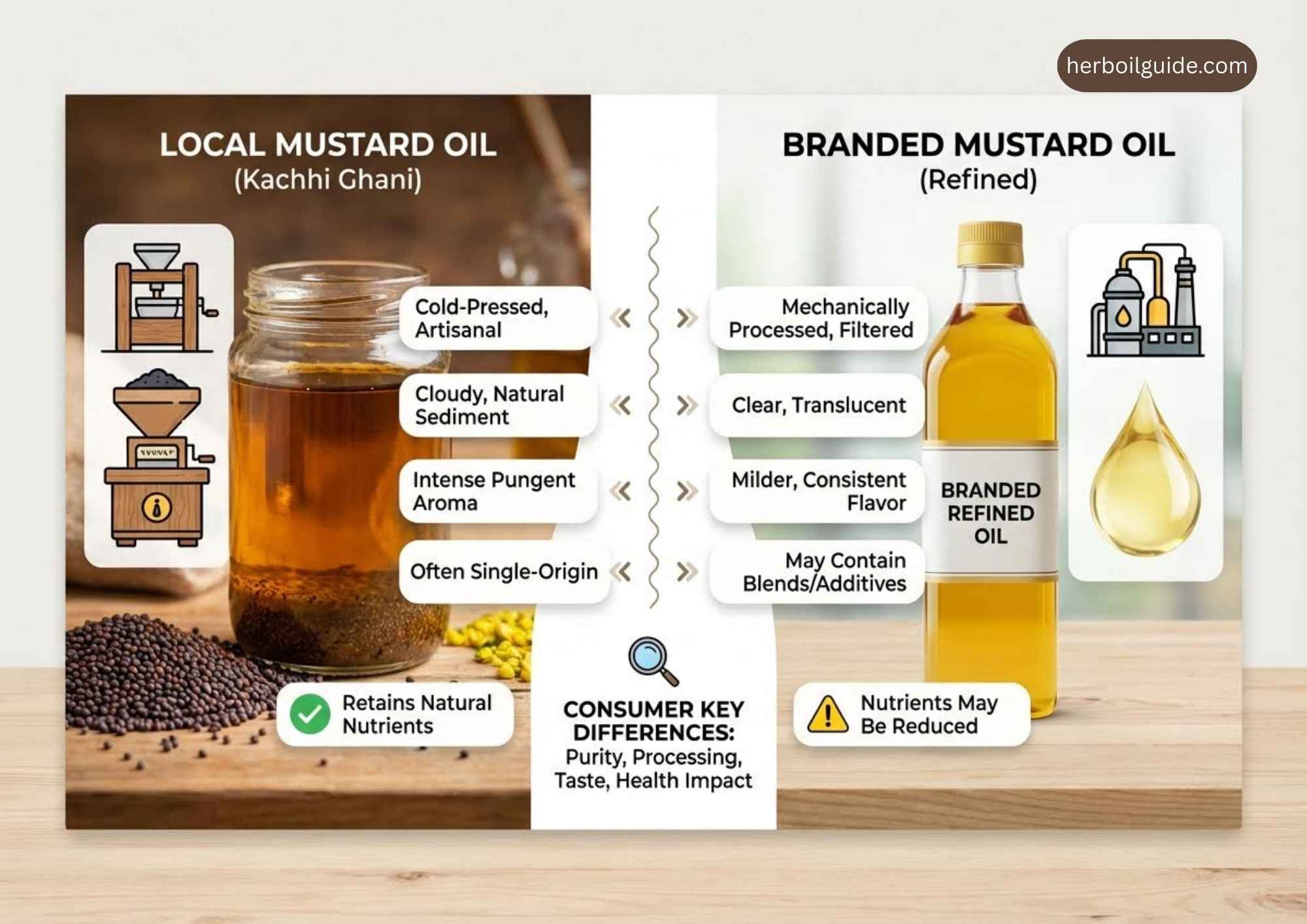 Comparison of local and branded mustard oil showing differences in quality, purity, packaging, and safety.