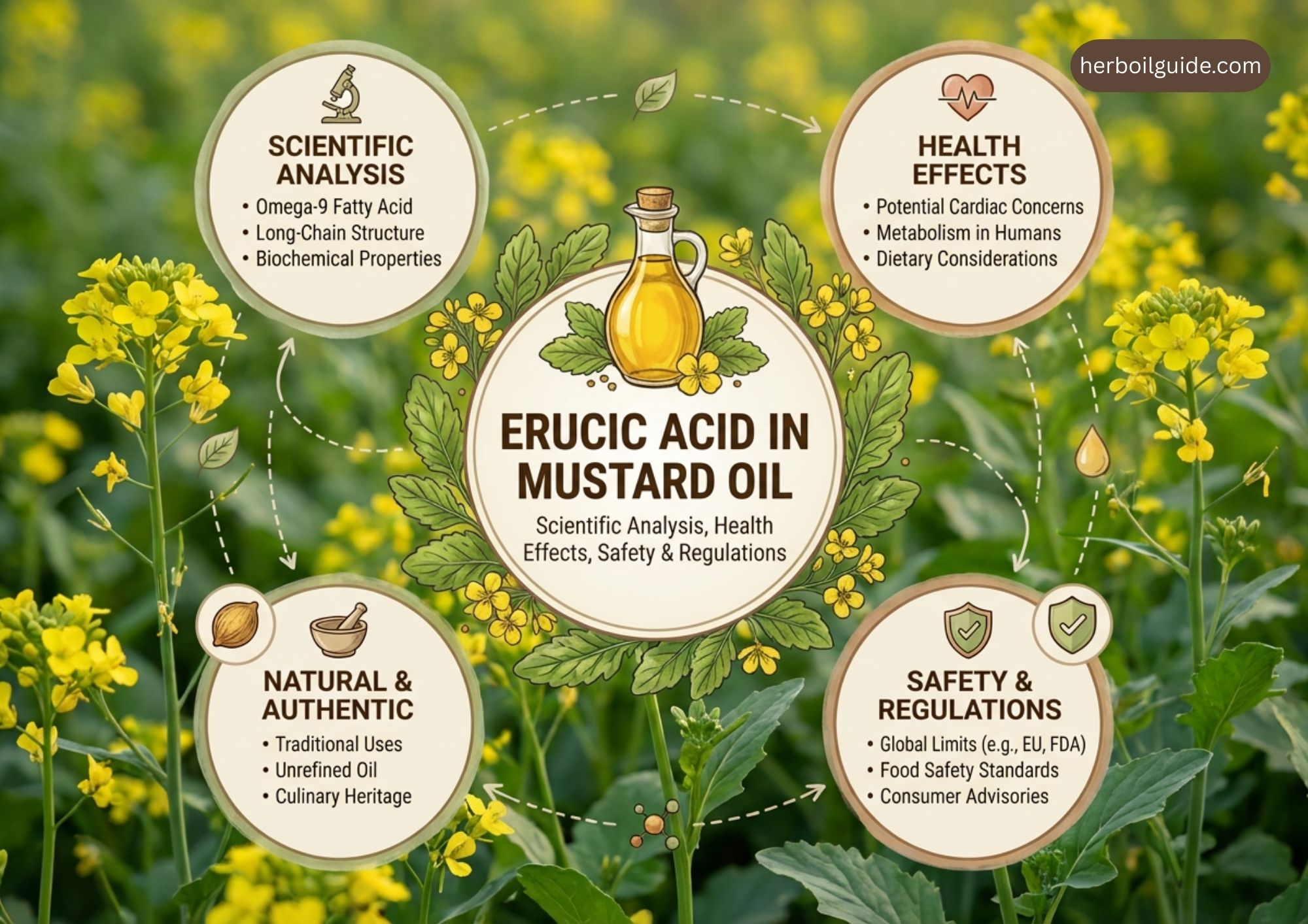 Erucic acid content in mustard oil explained with scientific analysis, health effects, safety limits, and regulations.
