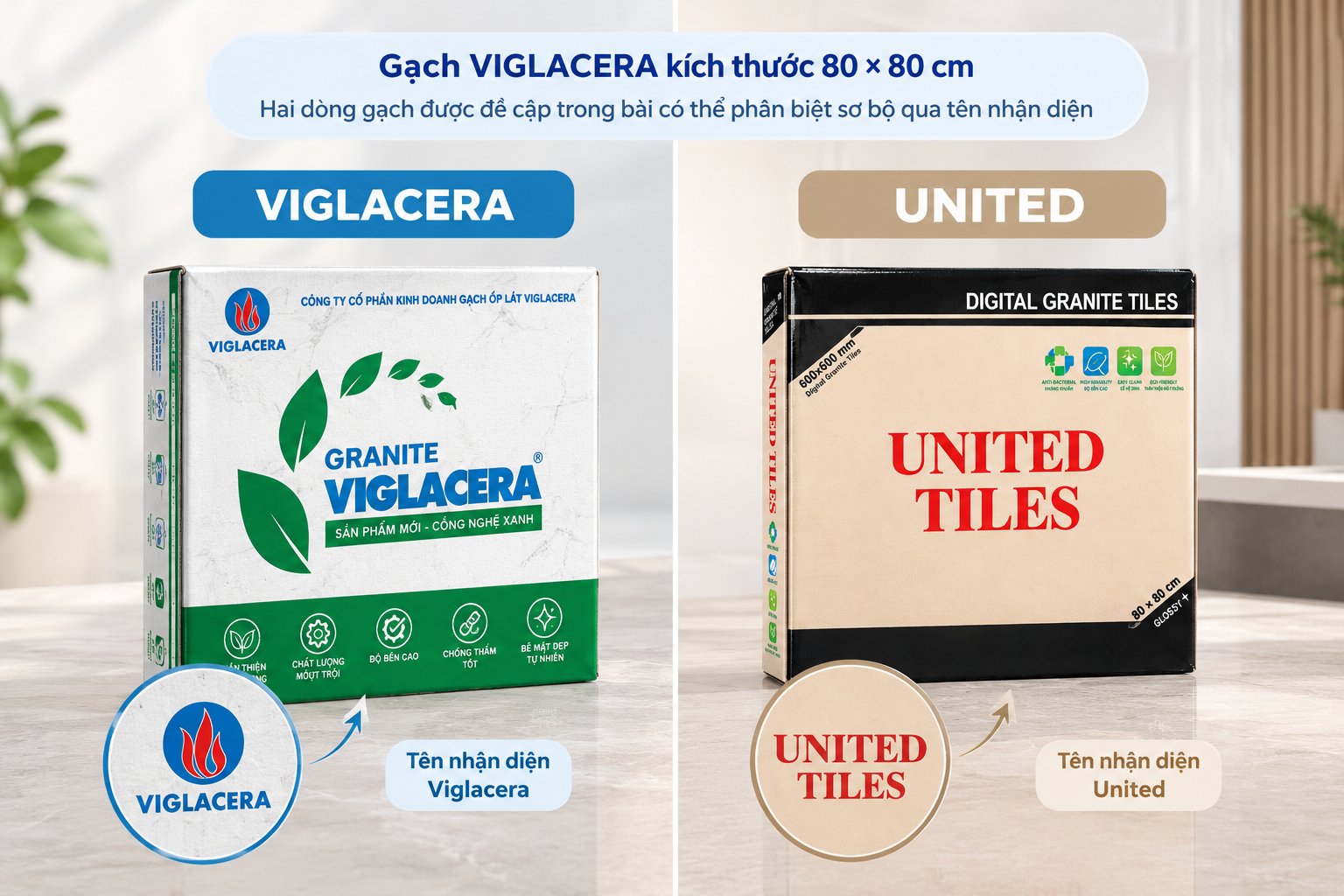 Hướng dẫn nhận biết gạch VIGLACERA 80 × 80 cm qua bao bì và mã sản phẩm: Dòng Viglacera và United