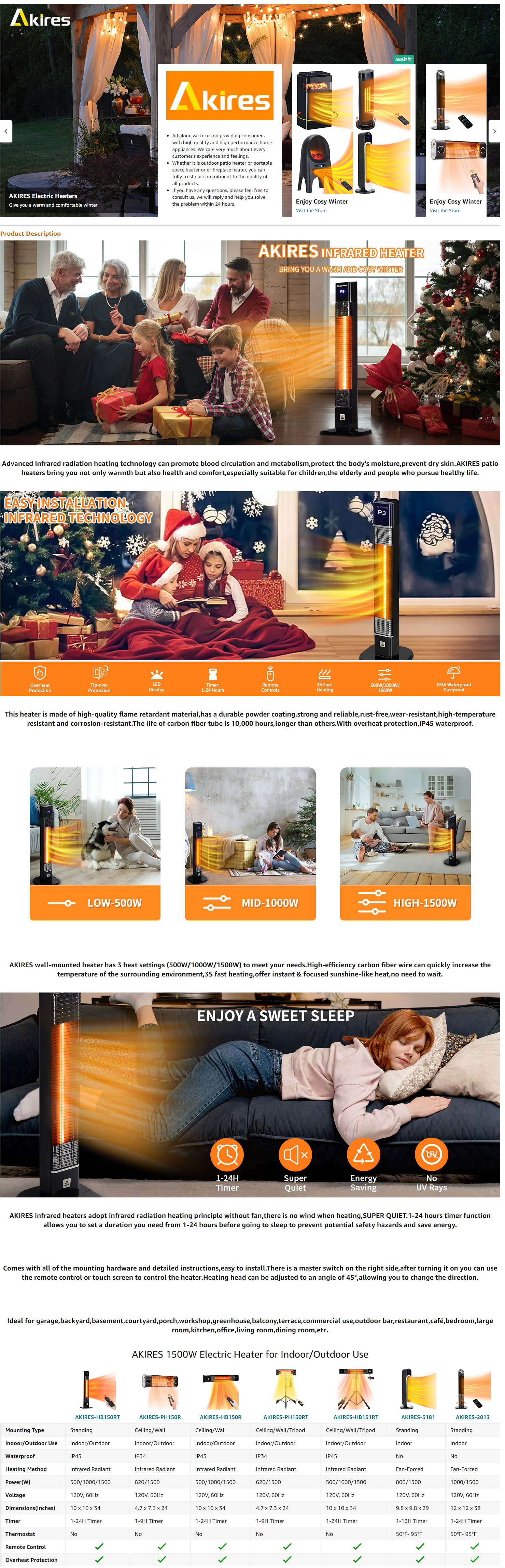 AKIRES Patio Heater Infrared Heater w/Remote, 24 Timing Auto Shut Off  Radiant Heater, 500/1000/1500W, Super Quiet 3s Instant Warm Vertical  Electric Outdoor Heater for Big Room Backyard - Walmart.com