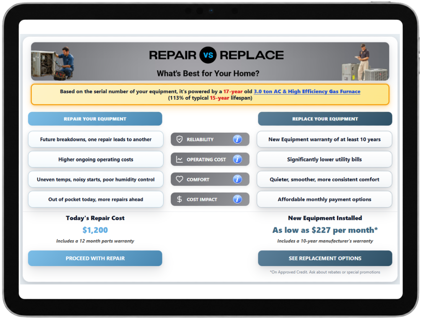 SilverBullet repair-versus-replace comparison on a tablet
