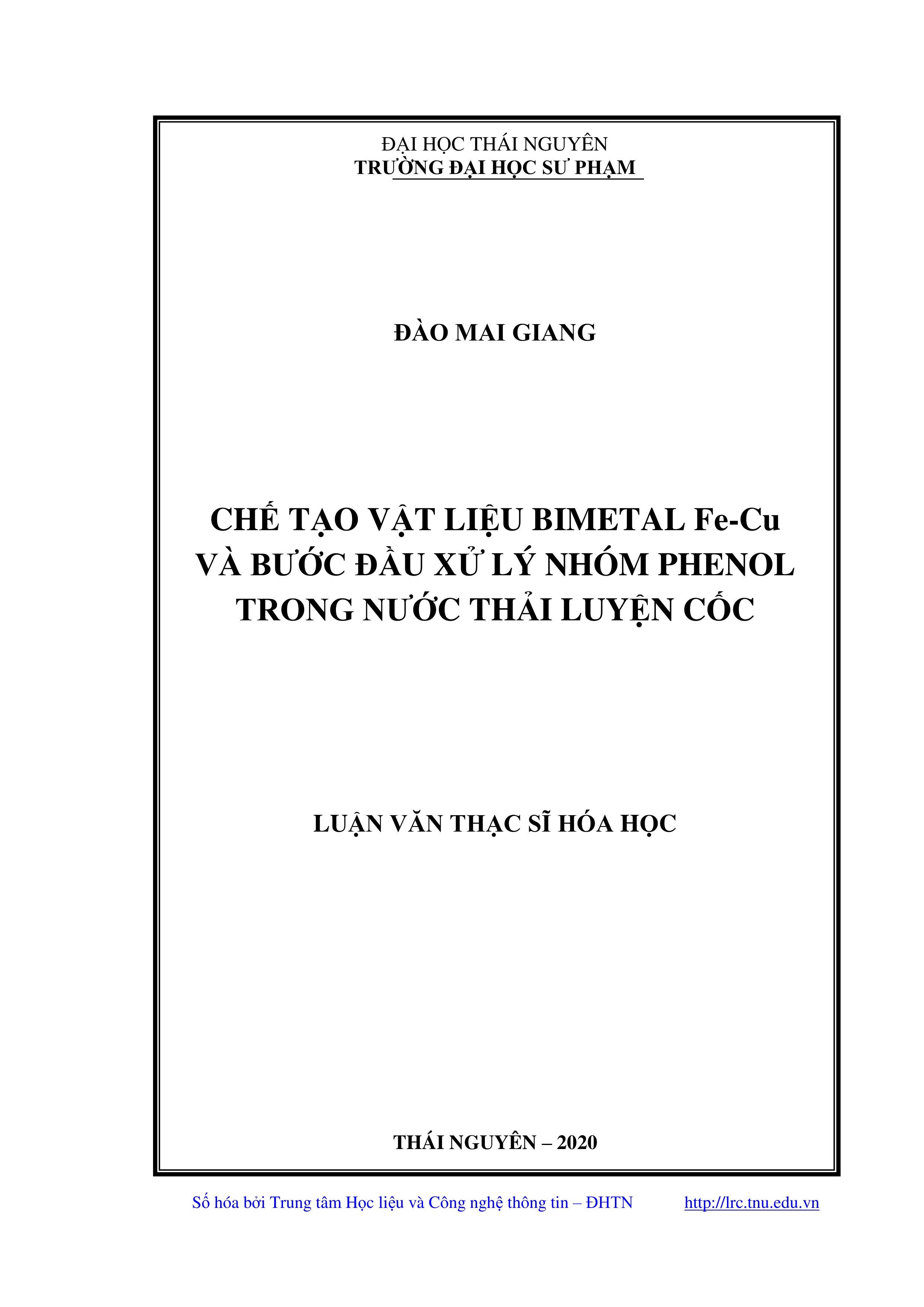 Chế tạo vật liệu Bimetal Fe-Cu và bước đầu xử lý nhóm Phenol trong nước thải luyện cốc
