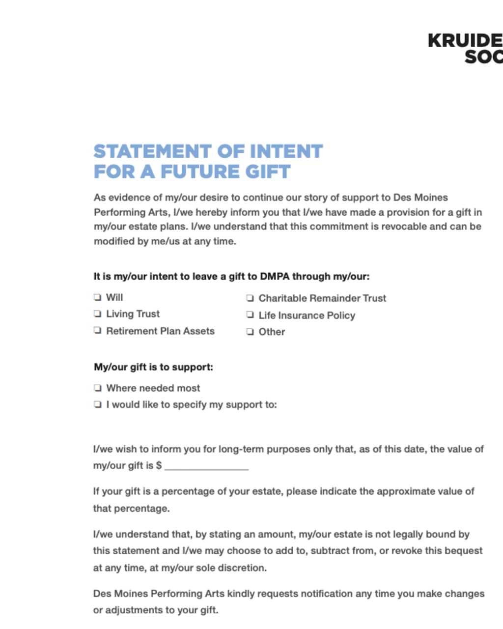 The image is a statement of intent for a future gift, providing options for the donor to specify their desired contribution, such as a charitable remainder, living trust, or retirement plan assets.