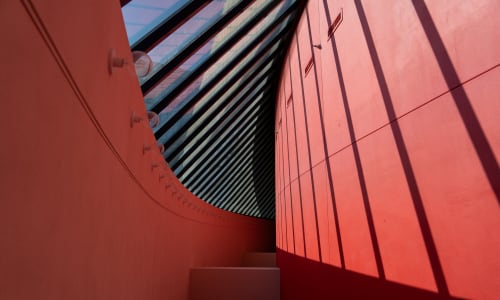 Artistic shot of the Des Moines Civic Center Windows and lights.