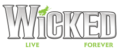 The foreground features the word "WICKED" in large, metallic letters with a small green witch flying above the "i", while the background is a plain white.