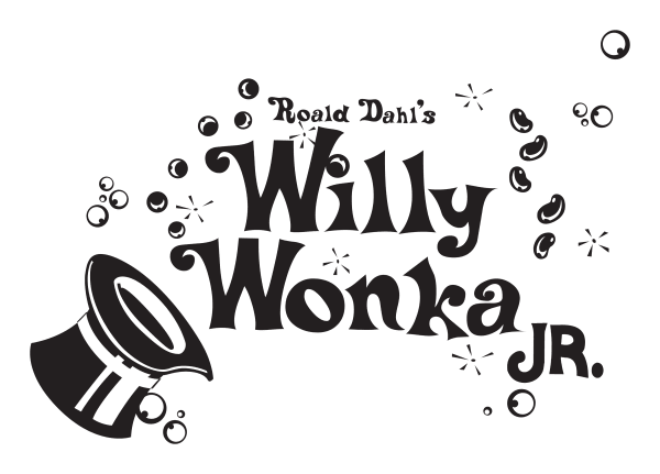 Roald Dahl's Willy Wonka Jr. in bold black text with a silhouette of a character in the foreground against a plain white background.