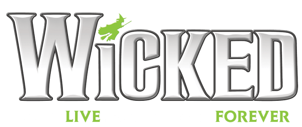 The foreground features the word "WICKED" in large, metallic letters with a small green witch flying above the "i", while the background is a plain white.