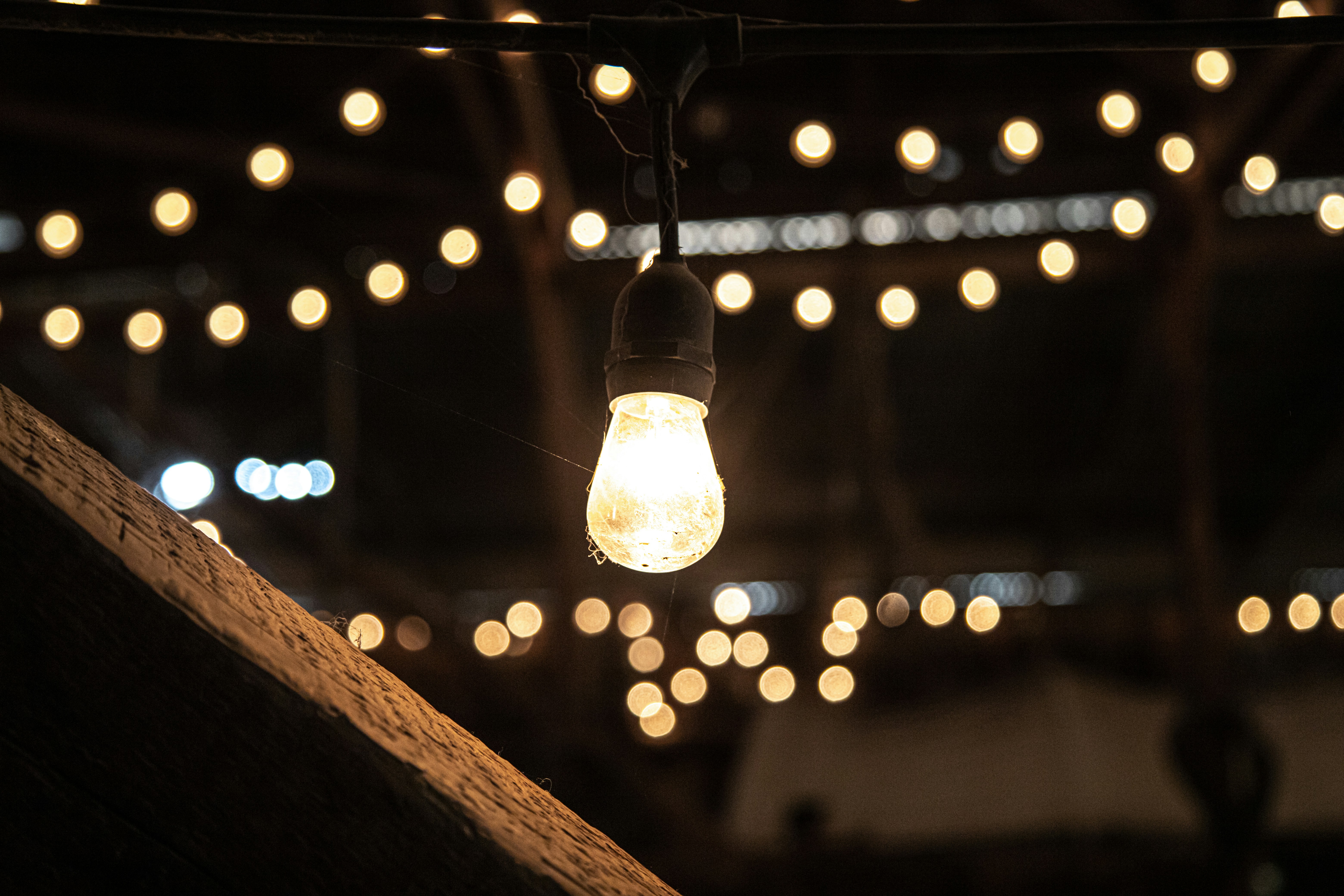A canopy of string lights over an outdoor wedding reception in Pemberton.