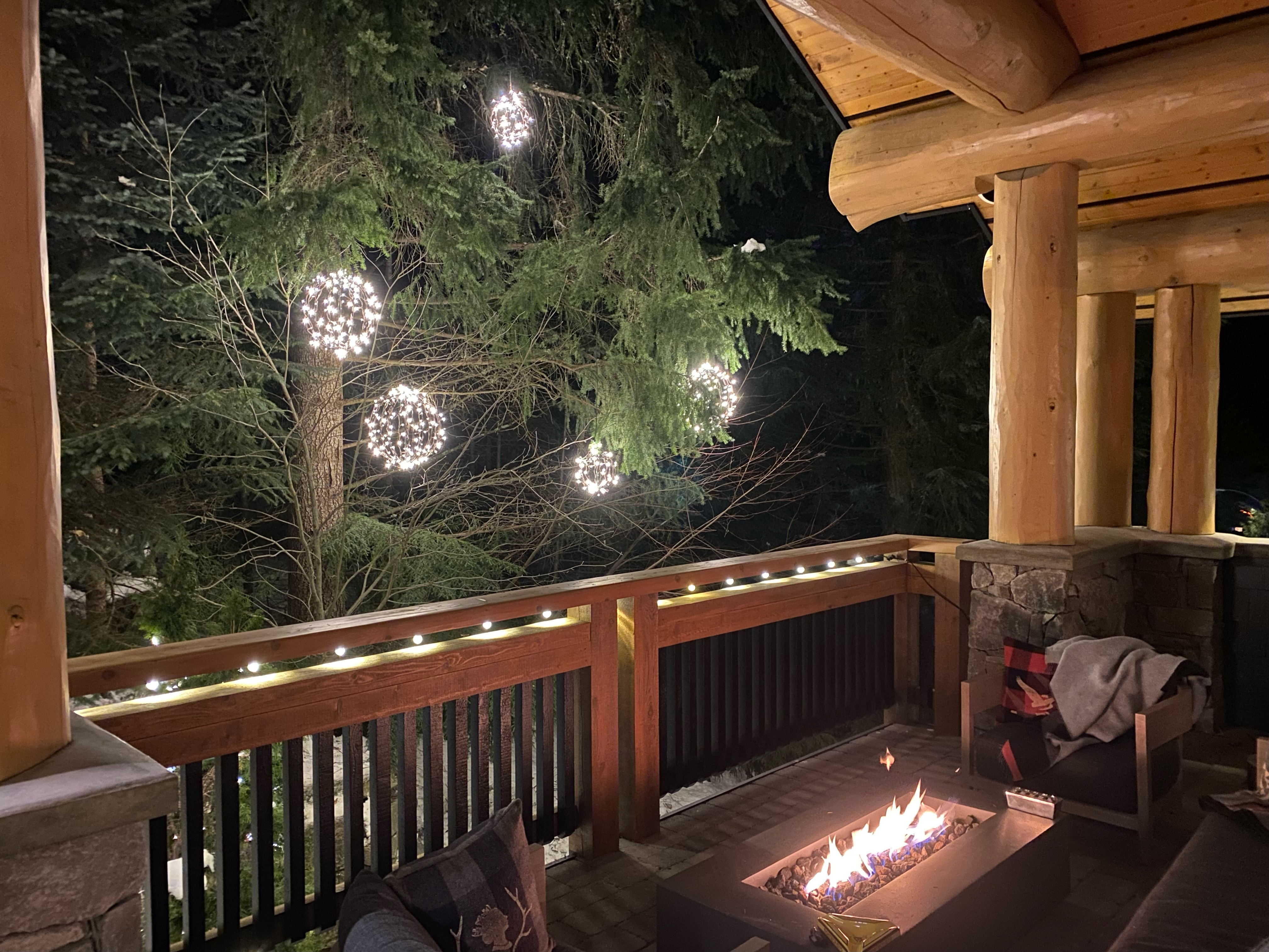A glowing light sphere hanging from a tree branch in a residential setting.