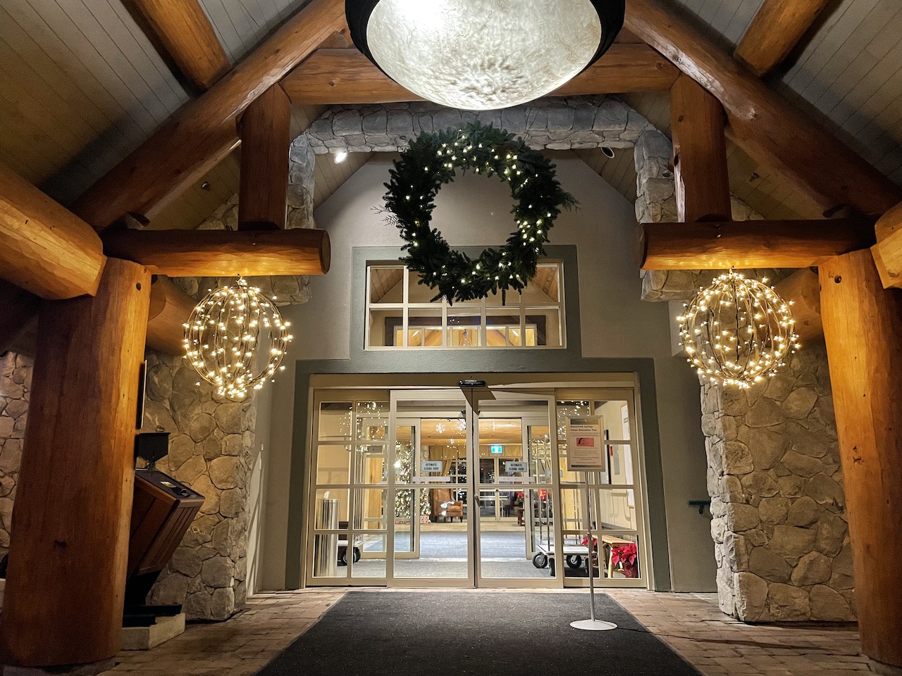 Festively decorated commercial storefront