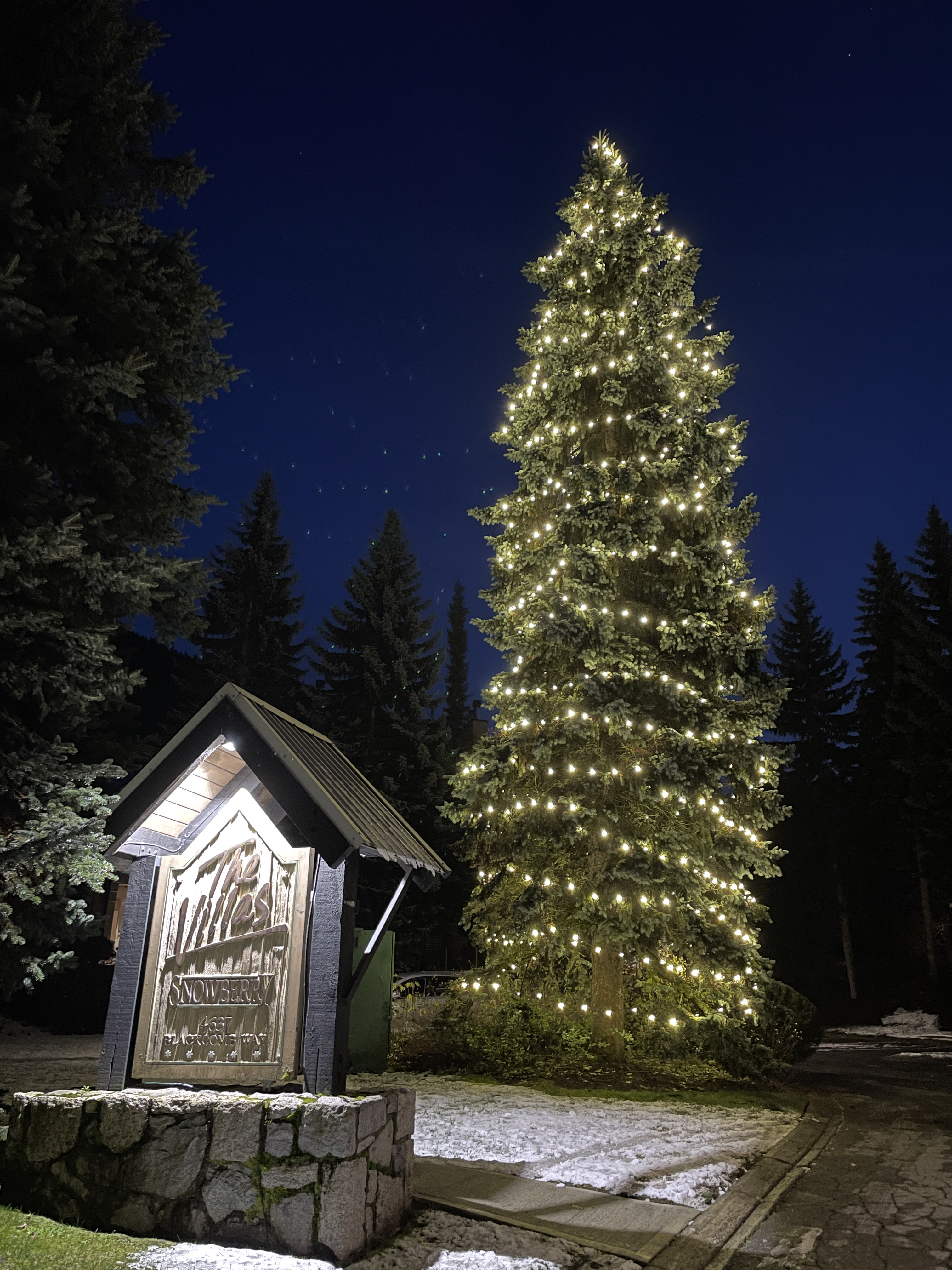 The Villas condo complex in Whistler professionally lit for the holidays.