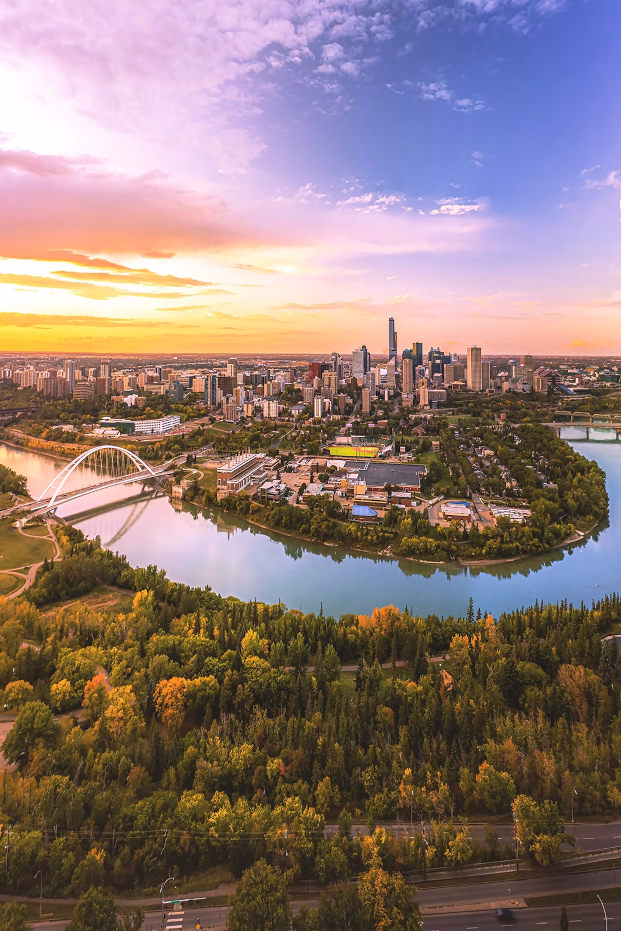 Aerial view of Edmonton river valley in the fall