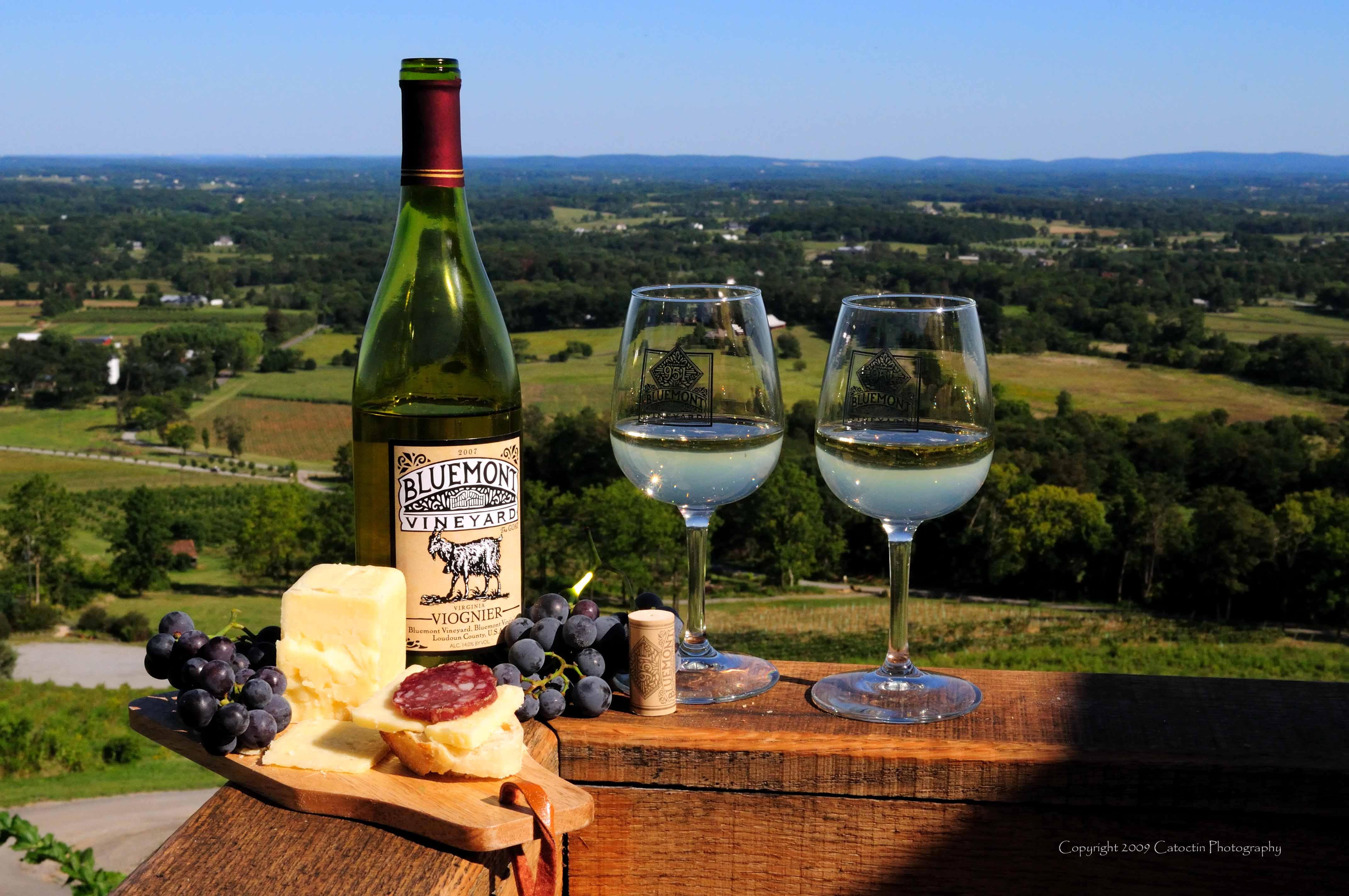 Wine bottle and glasses on a deck overlooking a vineyard