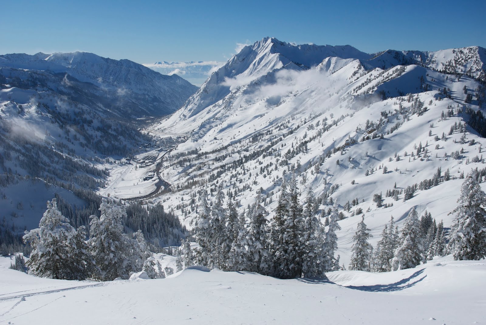 Skier making a turn in deep powder snow in Little Cottonwood Canyon