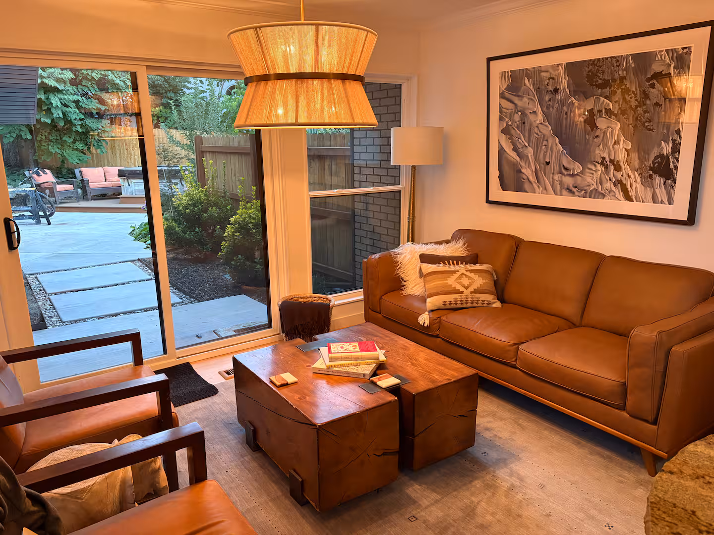 Modern living room with a large comfortable sofa and fireplace