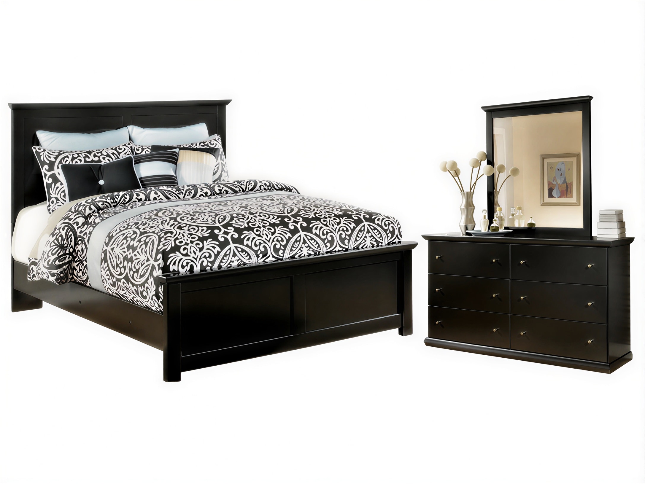 APS-B138-QP5-SW-KO Maribel Queen Panel Bed with Dresser Mirror - Image 1